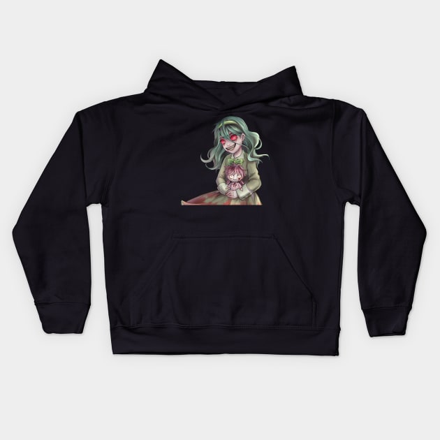 Girl with haunted doll horror drawing art manga style Kids Hoodie by tessacreativeart